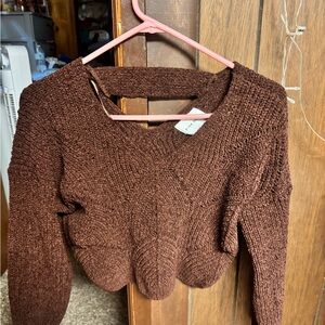 Pink Rose Brown Crew Neck Sweater Textured Knit